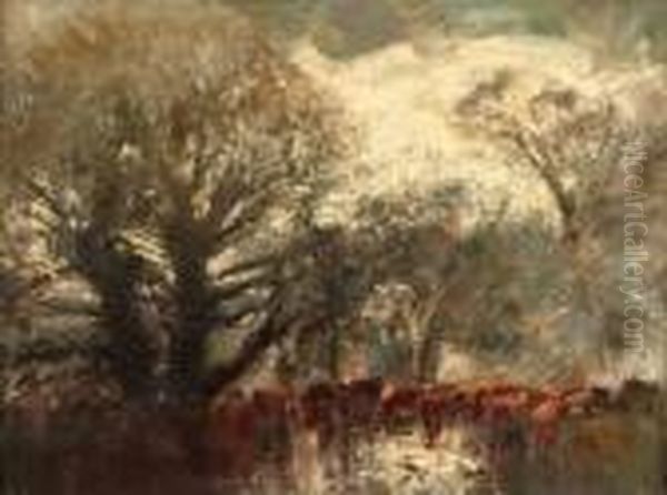 Cattle Watering In The Woods Oil Painting by Laszlo Mednyanszky