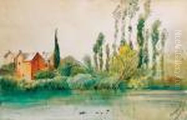 Lakeside With Poplars Oil Painting by Laszlo Mednyanszky