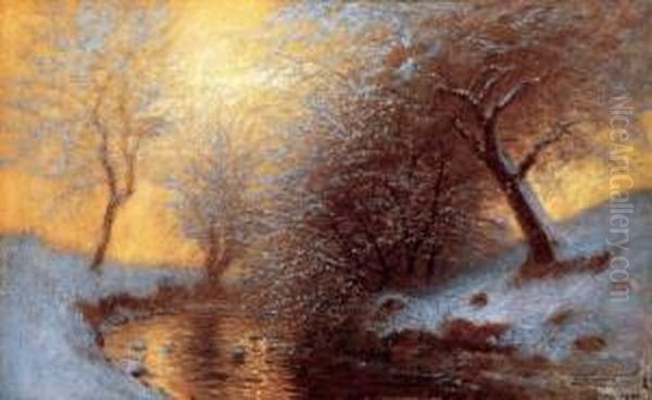 Winter Brrokside, 1880s Oil Painting by Laszlo Mednyanszky