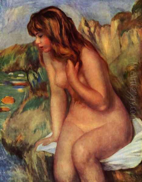 Bathers, sitting on a rock Oil Painting by Pierre Auguste Renoir