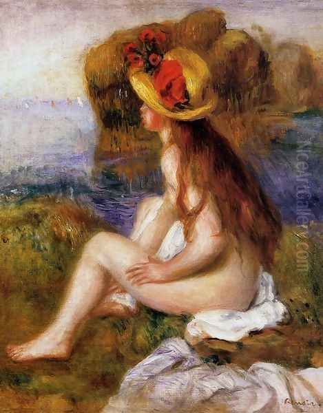 Nude In A Straw Hat Oil Painting by Pierre Auguste Renoir