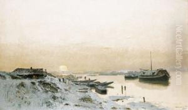 Sunrise By The Snowy Riverside Oil Painting by Laszlo Mednyanszky