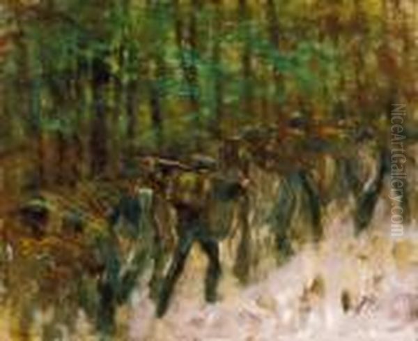 Soldiers In Winter Forest, 1914-18 Oil Painting by Laszlo Mednyanszky