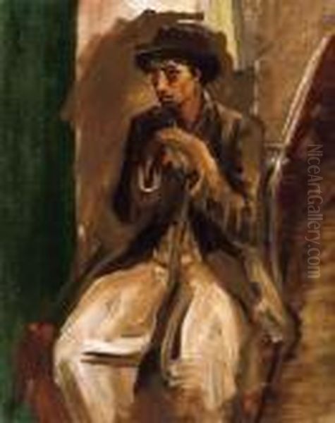 Boy In A Hat, Sitting On A Chair Oil Painting by Laszlo Mednyanszky