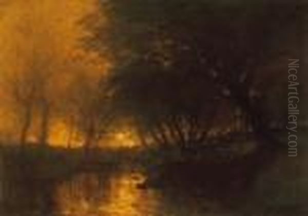 Riverside With Lights Oil Painting by Laszlo Mednyanszky