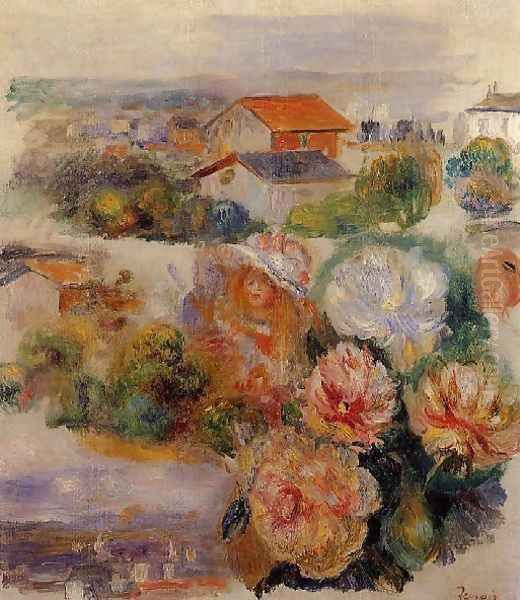 Landscape Flowers And Little Girl Oil Painting by Pierre Auguste Renoir