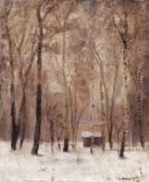 Cottage In Winter Landscape Oil Painting by Laszlo Mednyanszky