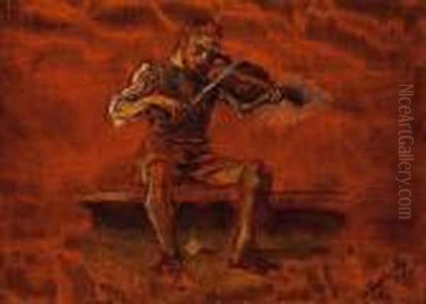 Playing The Violin Oil Painting by Laszlo Mednyanszky