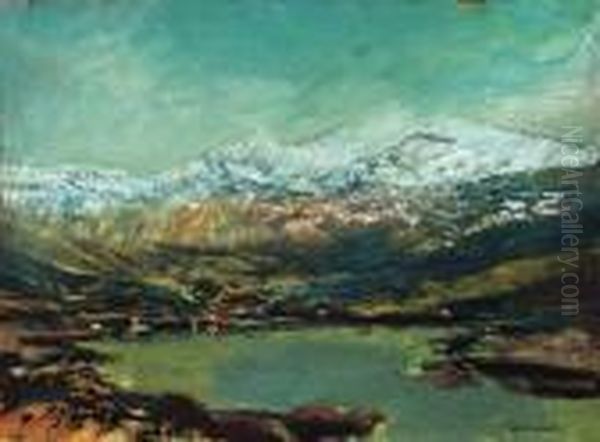 Landscape In The Tatra, With Snowy Mountains Oil Painting by Laszlo Mednyanszky