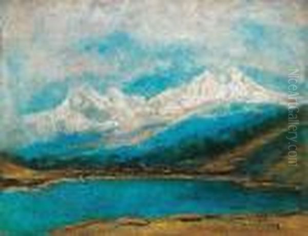 Lake, With Snowy Mountainpeaks In The Background Oil Painting by Laszlo Mednyanszky