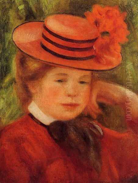 Young Girl In A Red Hat Oil Painting by Pierre Auguste Renoir