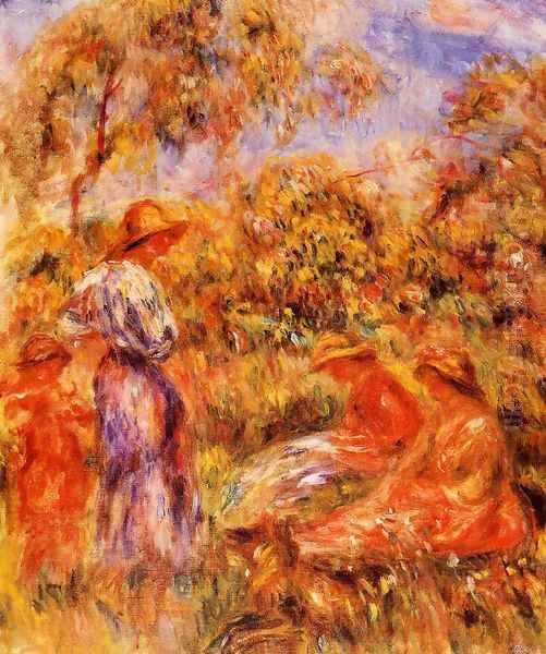 Three Women And Child In A Landscape Oil Painting by Pierre Auguste Renoir