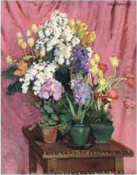 Harbingers Of Spring: Tulips, Lilac, Hyacinths And Primroses Oil Painting by Jozef Mehoffer