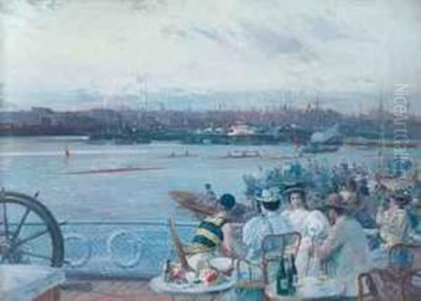 A Regatta In Barcelona Harbour Oil Painting by Eliseu Meifren i Roig