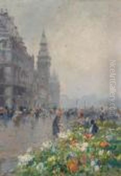 Mercado De Flores (the Flower Market) Oil Painting by Eliseu Meifren i Roig