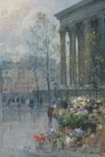 Mercado De Flores En La Plaza De
 La Madeleine, Paris (the Flower Market At Place De La Madeleine, Paris) Oil Painting by Eliseu Meifren i Roig