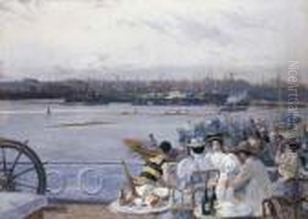 Regatas En El Puerto De Barcelona Oil Painting by Eliseu Meifren i Roig