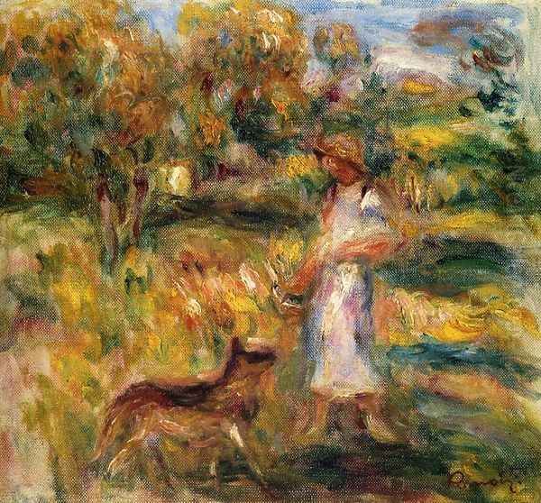 Woman In Blue And Zaza In A Landscape Oil Painting by Pierre Auguste Renoir