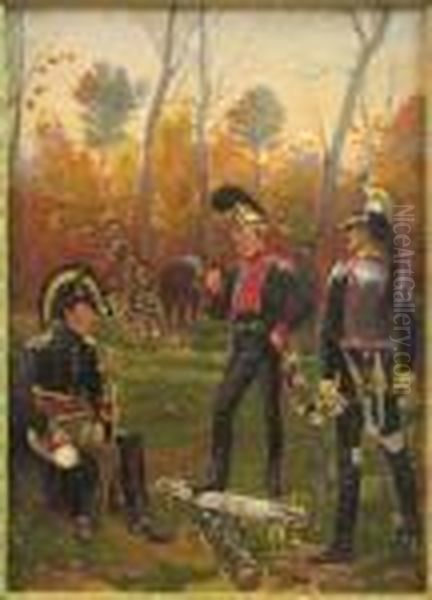 Military Officers At Rest In A Wooded Landscape Oil Painting by Jean-Louis-Ernest Meissonier