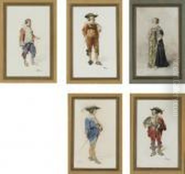 Five Studies Of Theater Costumes; And A Woman Weaving Oil Painting by Jean-Louis-Ernest Meissonier