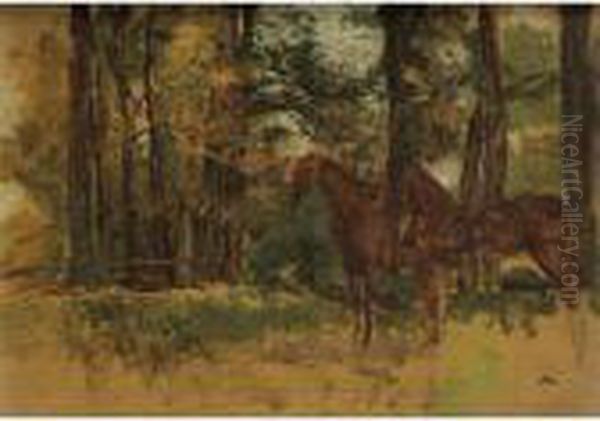 Etude De Chevaux [ ; Study Of 
Horses ; Oil On Panel ; Monogrammed Em ; On The Reverse Stamp Of The 
Meissonier Sale In 1893] Oil Painting by Jean-Louis-Ernest Meissonier