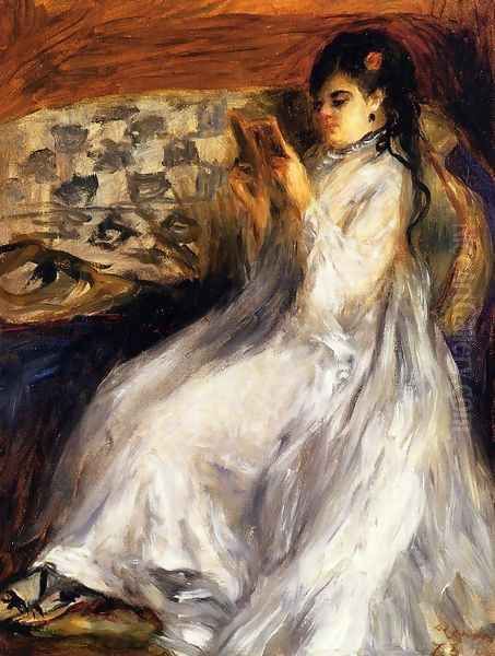 Young Woman In White Reading Oil Painting by Pierre Auguste Renoir