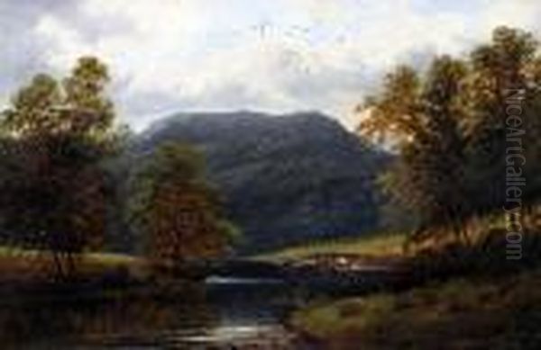 View Of A Welsh River Valley, And Another Similar With Cattle Watering Oil Painting by William Mellor