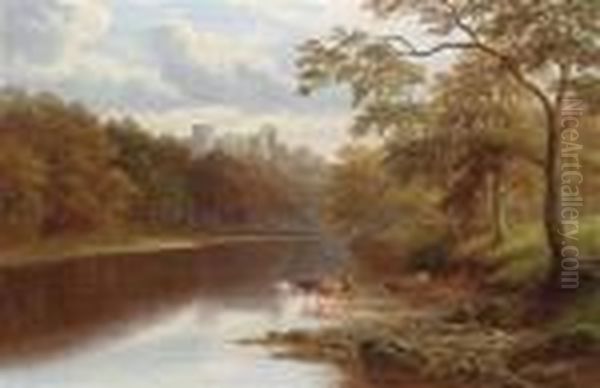 English Riverlandscape With View Of Barnard Castle Oil Painting by William Mellor