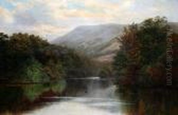 A Tranquil Wooded River Landscape Oil Painting by William Mellor