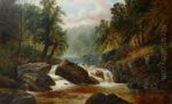 A Wooded River Scene With A Heron Perched Onthe Rocks Oil Painting by William Mellor