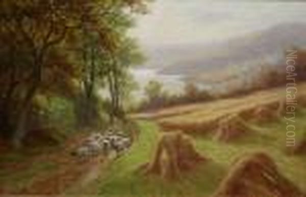 Harvesting On The East Coast Nr Runswick Yorkshire Oil Painting by William Mellor