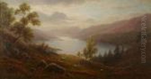 Lake District Lake Scene With Sheep On The Hills Oil Painting by William Mellor