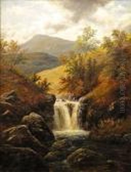 A Mountainous Landscape With A Waterfall And Sheep On A Hill Oil Painting by William Mellor