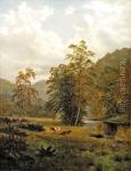 Cattle And Sheep By A River And Trees Oil Painting by William Mellor