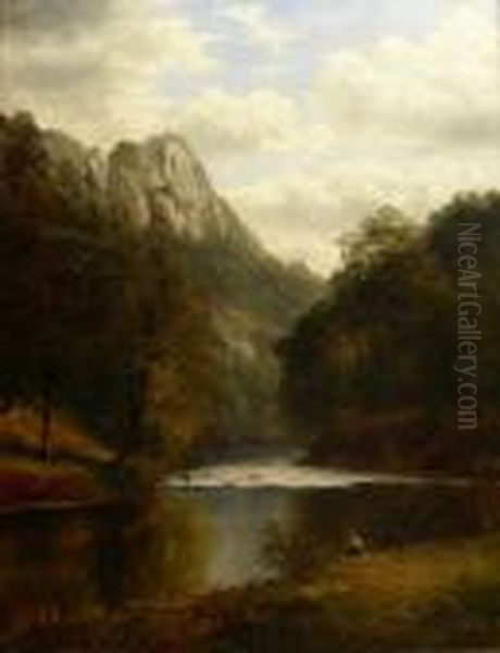 'high Tor Matlock' - River Scene With Fisherman Oil Painting by William Mellor