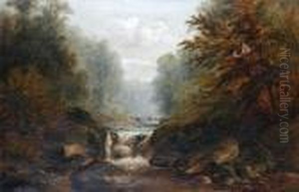 River Landscape With Figures On A Bridge Oil Painting by William Mellor