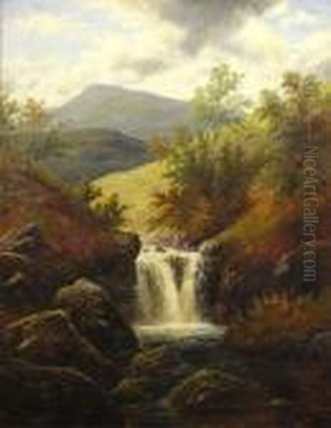 A Mountainous Landscape With Awaterfall With Sheep On The Hill Oil Painting by William Mellor