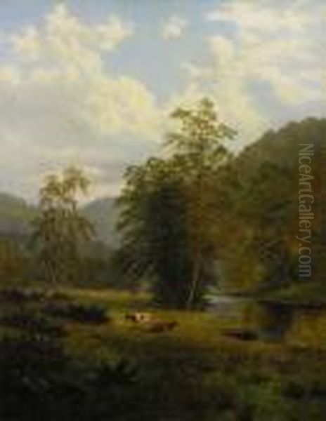 Cattle And Sheep By A River And Oil Painting by William Mellor