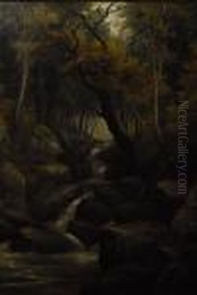 Rocky River Rapids, In Autumn Woodland Oil Painting by William Mellor