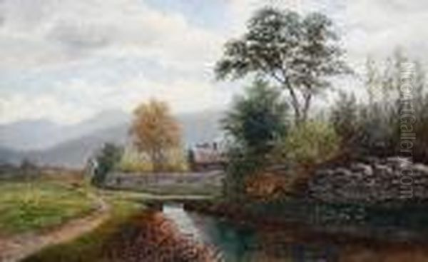 Figures On A Path Beside A River Oil Painting by William Mellor