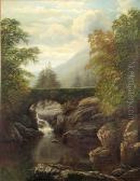 A River Landscape With A Bridge Above A Waterfall Oil Painting by William Mellor