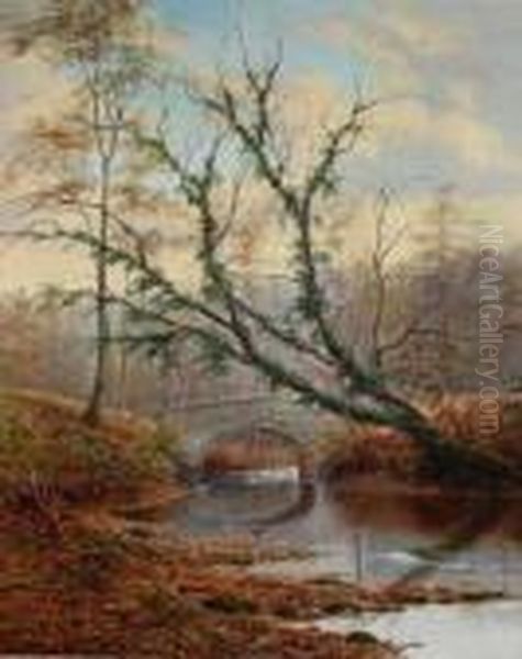 River Landscape With Bridge Oil Painting by William Mellor