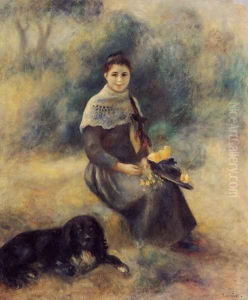 Young Girl With A Dog Oil Painting by Pierre Auguste Renoir