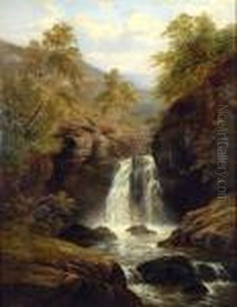 A Waterfall In The Welsh Hills Oil Painting by William Mellor