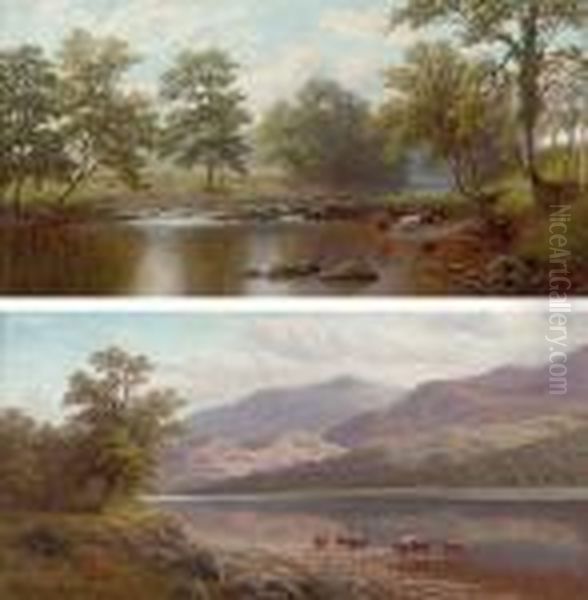 On The Wharfe Near Beamsley, Yorkshire; And Derwent Water, Cumberland Oil Painting by William Mellor