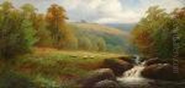 Cattle Watering; Sheep Beside The River Oil Painting by William Mellor