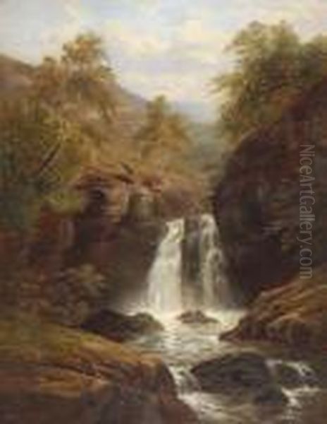 Oil On Canvas a Waterfall On The Welshhills Signed 35.5 X 27.5 Oil Painting by William Mellor