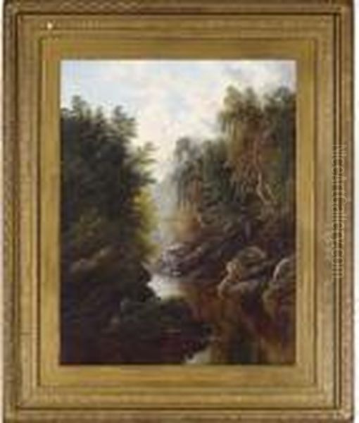 A Peaceful Wooded River Landscape Oil Painting by William Mellor