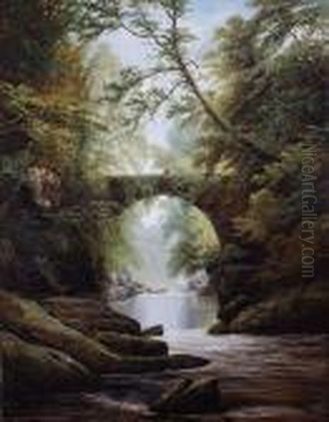 A View Of A Bridgeover A Rocky River Gorge Oil Painting by William Mellor