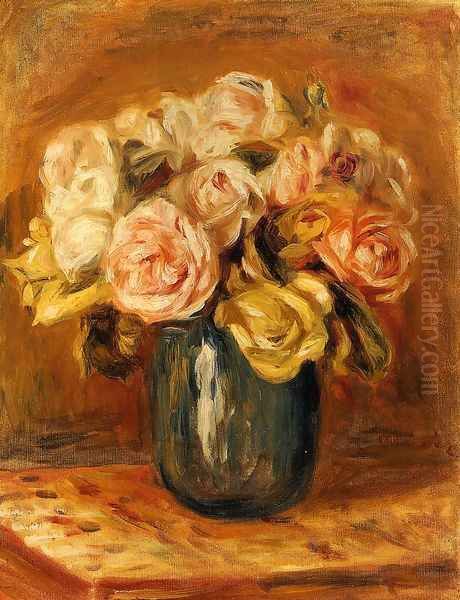 Roses In A Blue Vase2 Oil Painting by Pierre Auguste Renoir